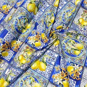 Cotton fabric with Majolica print yellow lemons on blue background, tiles Sicily print Italian fabric by the yard