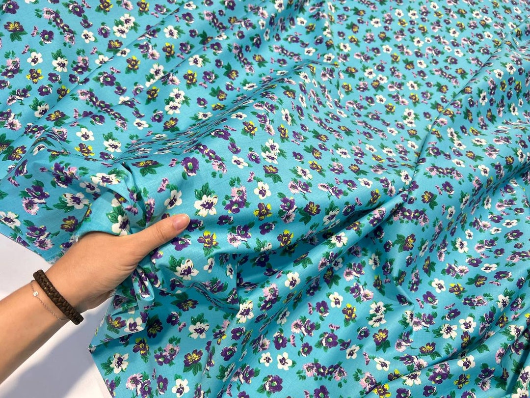 Italian Cotton Fabric by the Yard With Floral Print on Blue Etsy