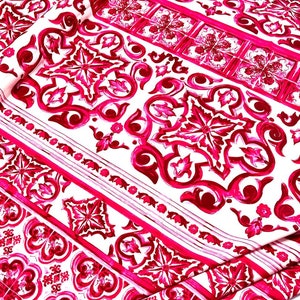 Cotton Majolica print fabric by the yard, red and white Italian apparel fabric, Sicilian tile print fabric for sewing sundress, skirt, suit