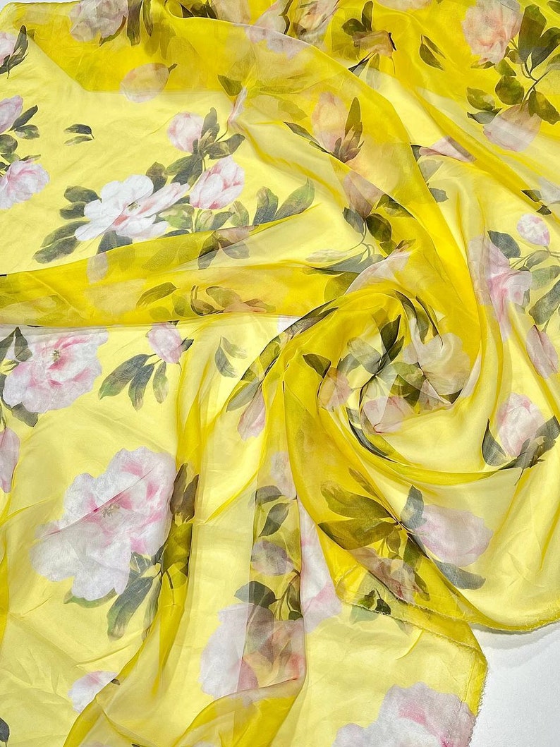 Silk Chiffon Fabric by the Yard With Flowers on Yellow Etsy