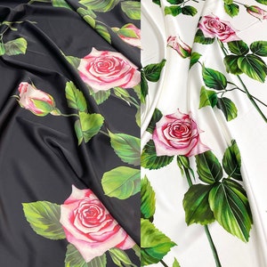 Silk fabric by the yard with roses on black or white background, fabric with flowers, Italian sewing fabric