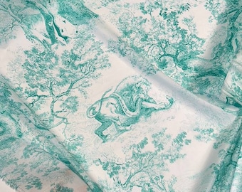 Turquoise Italian cotton batiste fabric by the yard with toile de jouy print, apparel fashion fabric with animal and floral print