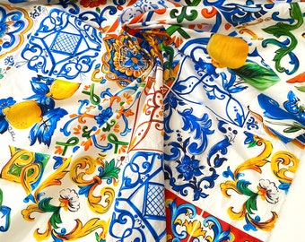 Majolica Fabric With Lemons Tiles Sicily Print Italian - Etsy Majolica Fabric With Lemons Tiles Sicily Print Italian - Etsy