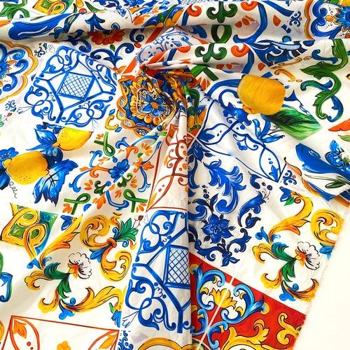 Majolica Fabric With Lemons Tiles Sicily Print Italian - Etsy