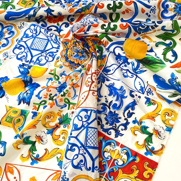 Majolicatyg med citroner, kakel, sicilientryck, italienskt bomullstyg på metervara
