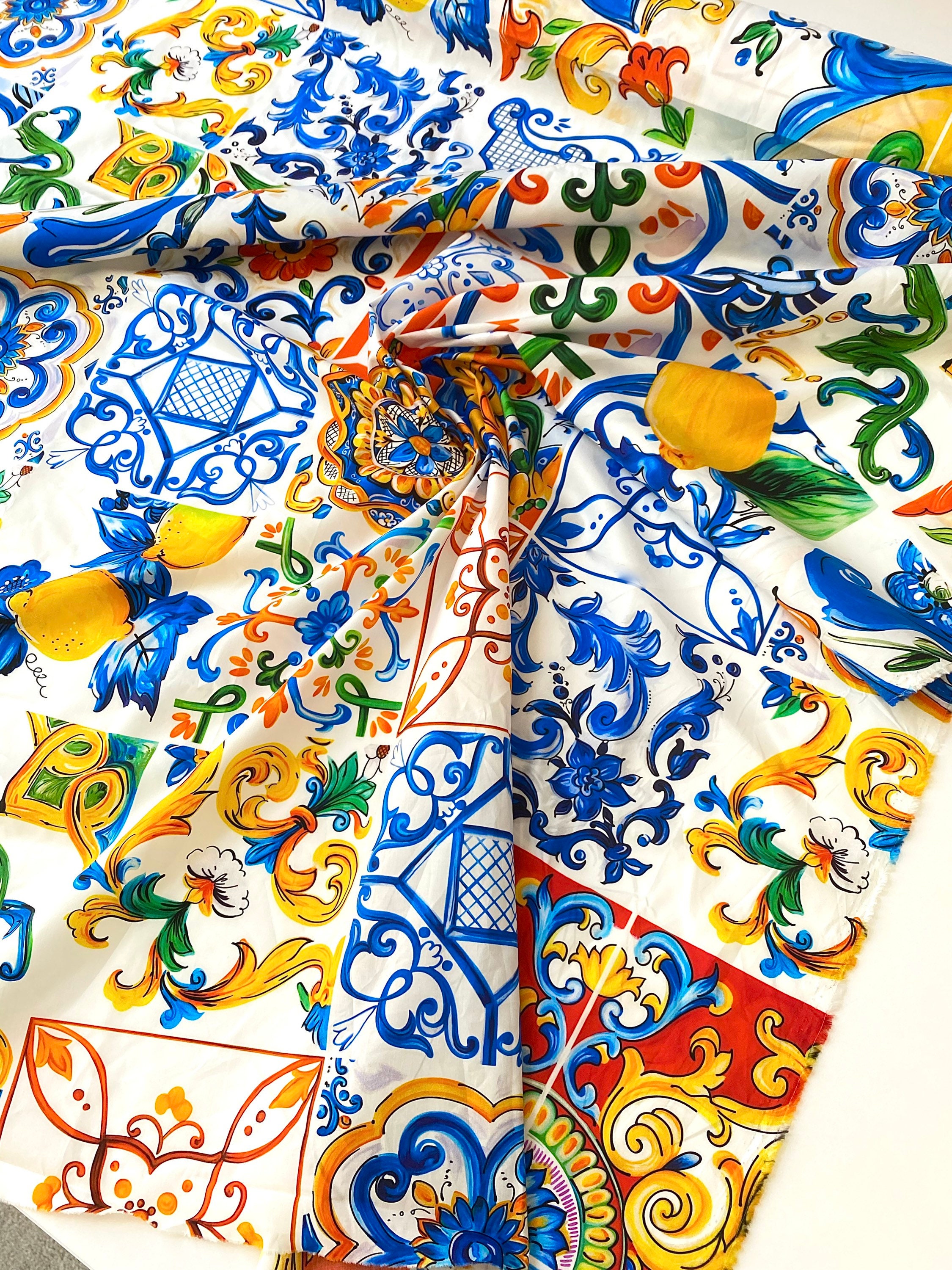 Majolica Fabric With Lemons, Tiles, Sicily Print, Italian Cotton Fabric by  the Yard 