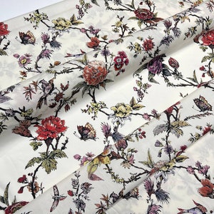 Tessuto di cotone italiano tagliato su misura con stampa di fiori e uccelli, tessuto di cotone di alta qualità con stampa floreale per abiti estivi immagine 4