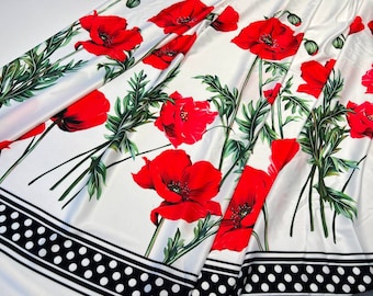 Silk fabric by the yard with red poppies on white background, Italian designer fabric with flowers for dress or suits in pajama style