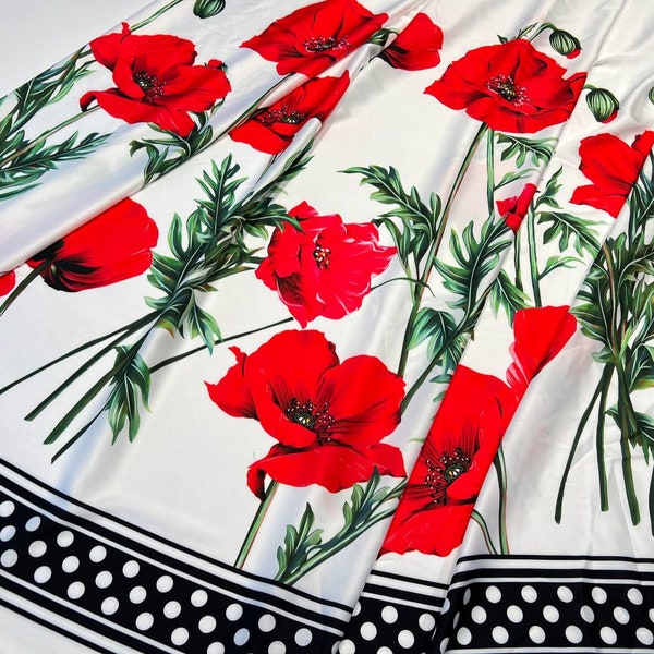 Silk fabric by the yard with red poppies on white background, Italian designer fabric with flowers for dress or suits in pajama style