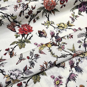 Tessuto di cotone italiano tagliato su misura con stampa di fiori e uccelli, tessuto di cotone di alta qualità con stampa floreale per abiti estivi immagine 3