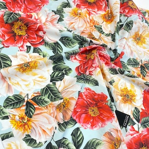 Cotton poplin designer fabric by the yard with flowers print, large floral print sewing fabric, clothing fabric