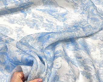 Tessuto di lino naturale tagliato su misura con stampa toile de jouy Collezione Cruise, stampa animalier Tessuto per abbigliamento blu italiano