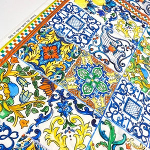 Majolica print cotton fabric with lemons, baroque, tiles, Sicily print, Italian apparel fabric in coupons