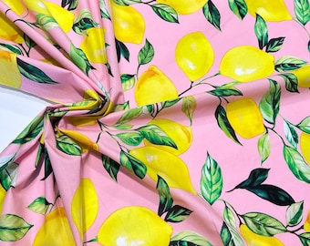 Majolica design lemon print cotton fabric by the yard, Italian fashion apparel pink fabric with lemons for sundress, suit