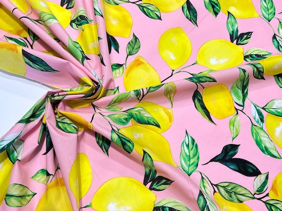 Majolica design lemon print cotton fabric by the yard, Italian fashion apparel pink fabric with lemons for sundress, suit