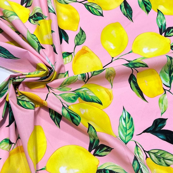 Majolica design lemon print cotton fabric by the yard, Italian fashion apparel pink fabric with lemons for sundress, suit