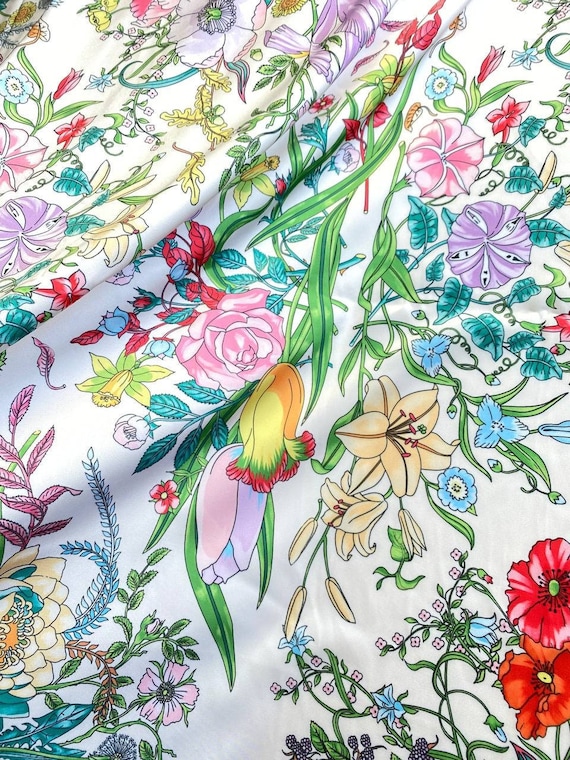 Silk fabric by the yard with delicate floral print, Italian fabric with roses lilies print, apparel fabric for dress, blouse, skirt
