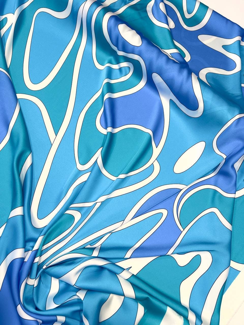 Italian silk fabric by the yard high quality, abstract blue and white print sewing fabric for dress, blouse, skirt