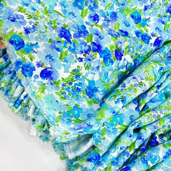 Premium viscose fabric by the yard with bright floral print, summer apparel Italian fabric with blue flowers for dress, skirt, blouse