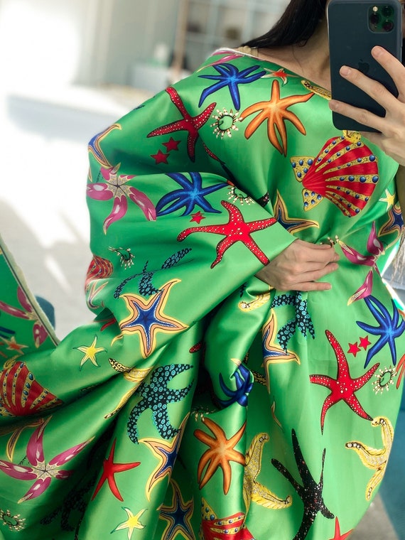 Marine Print Silk Fabric by the Yard Green Stylish Fabric Etsy