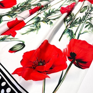 Italian cotton fabric with red poppies by the yard, flowers print summer apparel Italian fashion fabric with floral print