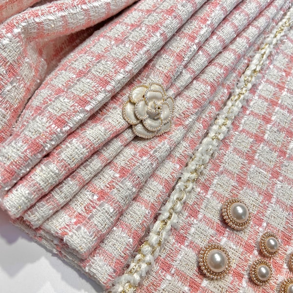 Tissu en tweed rose par mètre, tissu en tweed à carreaux pour vêtements italiens, tissu pour vêtements de couleur hiver pour veste, costume, jupe