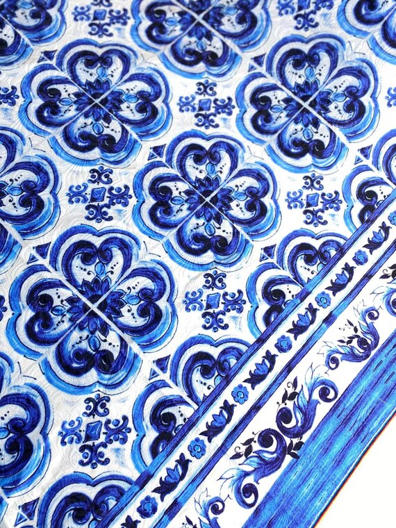 Majolica Print Jacquard Fabric by the Yard, Blue Tile Print Italy
