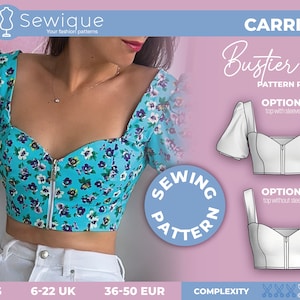 Puede incluir: Un patrón de costura para un top bustier con dos opciones: una con mangas y otra sin. El patrón se llama "Carrie" y está disponible en las tallas 2-18 US, 6-22 UK y 36-50 EUR. El patrón está clasificado como nivel de dificultad "XXXX".