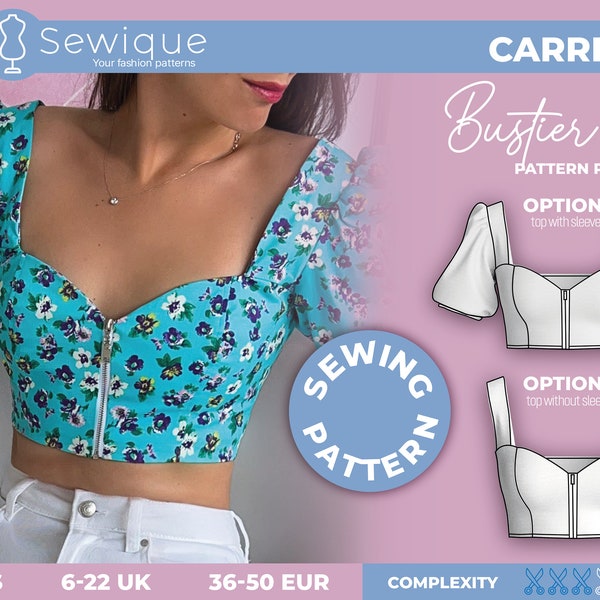Crop bustier top sewing pattern PDF, corset top bustier pattern digital download sizes 2, 4, 6, 8, 10, 12, 14, 18 USA, 34-50 EUR