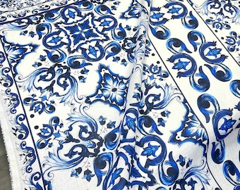Blue and white linen Majolica print fabric, Italian Sicilian tile print sewing fabric, designer tailoring fabric for suit, skirt, sundress