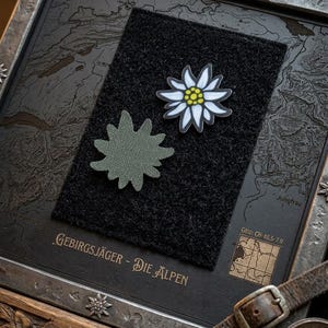 Op de afbeelding: Twee edelweiss bloem patches op een zwart stoffen vierkant. De ene patch is wit met een geel hart en zwarte omlijning, de andere is een effen olijfgroen silhouet. De achtergrond toont een kaart met het opschrift Gebirgsjäger - Die Alpen.