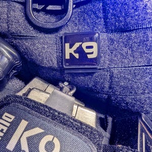 Könnte beinhalten: Nahaufnahme einer dunkelblauen K9-Taktikweste mit Metallschnalle und schwarzem D-Ring. Die Weste hat einen Aufnäher mit dem Text "K9" in Weiß. Das Bild ist gut beleuchtet und zeigt die Details der Weste.