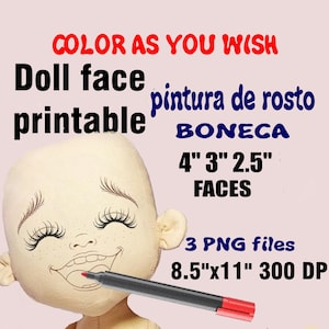 Puede incluir: Una cara de muñeca imprimible con el texto "COLOR AS YOU WISH". La cara de la muñeca está sonriendo y tiene largas pestañas. La imagen también incluye el texto "4" 3" 2.5" FACES" y "8.5"x11" 300 DPI". Un rotulador rojo y negro toca la boca de la muñeca.