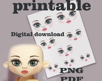 Doll face print  for Iron-on Transfer Doll eyes printable Digital Collage Sheet  PNG PDF