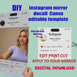 Puede incluir: Una plantilla editable de Canva para calcomanía de espejo de Instagram DIY con un diseño de interfaz digital que incluye iconos de me gusta, comentarios y compartidos. Incluye marcadores de posición para foto de perfil, nombre de usuario y ubicación.