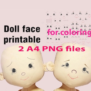 May include: Two beige fabric doll heads with printed facial features including eyes, eyebrows, and mouths. The text reads Doll face printable for colouring 2 A4 PNG files. Above the heads are multiple small line drawings of various doll facial expressions.