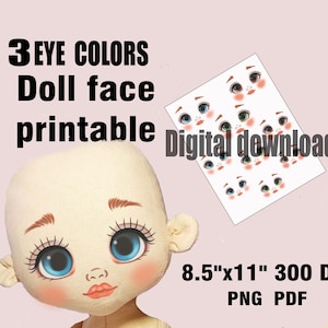 Op de afbeelding: Een poppengezicht met blauwe ogen en een vel afdrukbare poppengezichten met drie oogkleuropties. De tekst op de afbeelding luidt "3 EYE COLORS Doll face printable Digital download 21,6 x 27,9 cm 300 DPI PNG PDF."