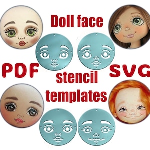 Puede incluir: La imagen muestra plantillas de caras de muñecas y caras de muñecas terminadas. El texto dice "Doll face PDF stencil SVG templates". Las plantillas son de color azul claro y las caras de las muñecas tienen varios tonos de piel, colores de cabello y expresiones faciales.