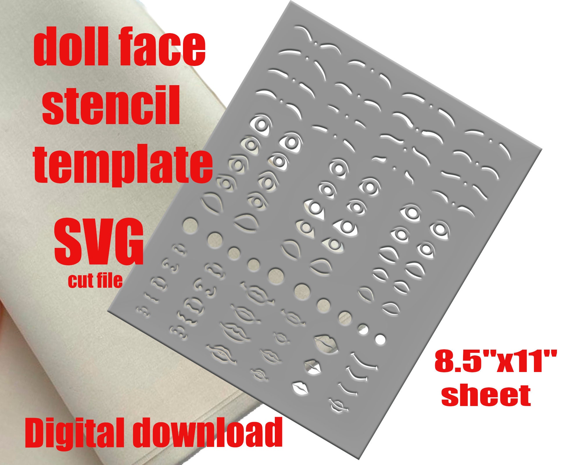 Doll Face Stencil Template SVG Cut File for Painting Doll Eyes, Lips, Nose Etsy