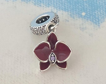 Purple Orchid Flower Dangle Charm,925 Sterling Silver Charm for Bracelet,Necklace Pendant,Gift for Her