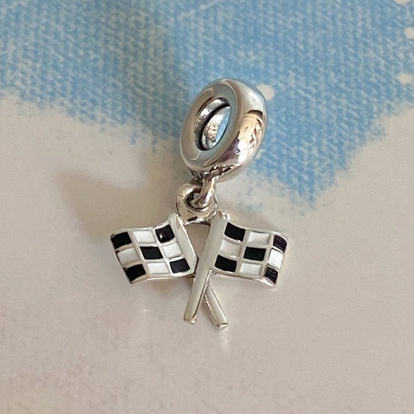 Racing Finish Line Checkered Flag Dangle Charm,Genuine 925 Sterling Silver Charm for Bracelet,Necklace Pendant,Gift for Her