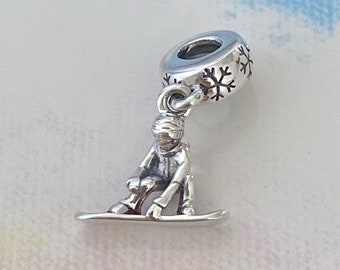 Snowboarder Dangle Charm,Genuine S925 Sterling Silver Charm for Bracelet,Necklace Pendant