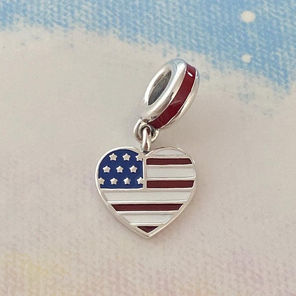 USA Heart Flag Dangle Charm,925 Sterling Silver Charm for Bracelet,Necklace Pendant,Gift for Her
