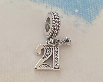 21th Celebration Dangle Charm,925 Sterling Silver Charm for Bracelet,Necklace Pendant