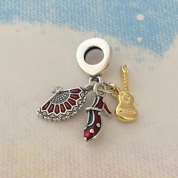 Spanish Guitar,Flamenco Shoe & Fan Dangle Charm,925 Sterling Silver Charm for Bracelet,Necklace Pendant,Gifts for Her