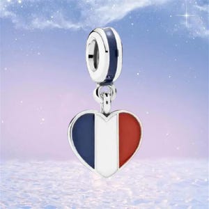 France Heart Flag Dangle Charm,S925 Sterling Silver Charm for Pandora Bracelet,Necklace Pendant,Gift for Her