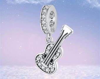Sparkling Guitar Dangle Charm,925 Sterling Silver Charms fit Pandora Bracelet,Necklace Pendant
