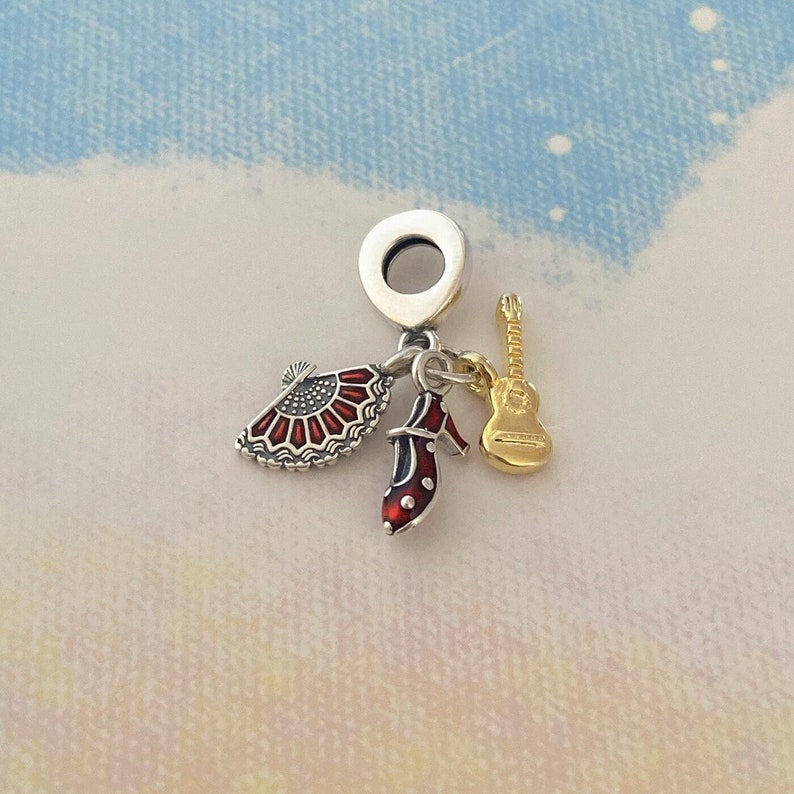 Spanish Guitar,Flamenco Shoe & Fan Dangle Charm,925 Sterling Silver Charm for Bracelet,Necklace Pendant,Gifts for Her image 1