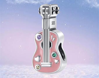 Pink Guitar Charm,S925 Silver Charms for Bracelet,Necklace Pendant