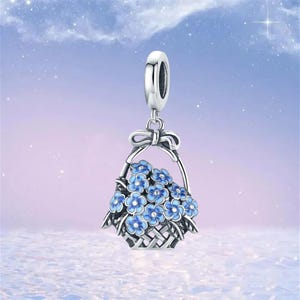 Forget Me Not Dangle Charm,Flower Basket Charm,925 Sterling Silver Charms fit Pandora Bracelet,Necklace Pendant